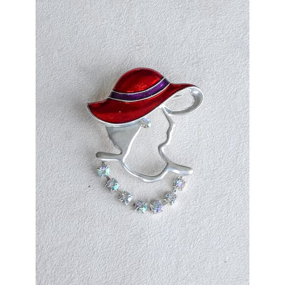 Vintage Lady Red Hat Brooch Pin Enamel Aurora Borealis Crystal Silver Tone - Picture 4 of 6